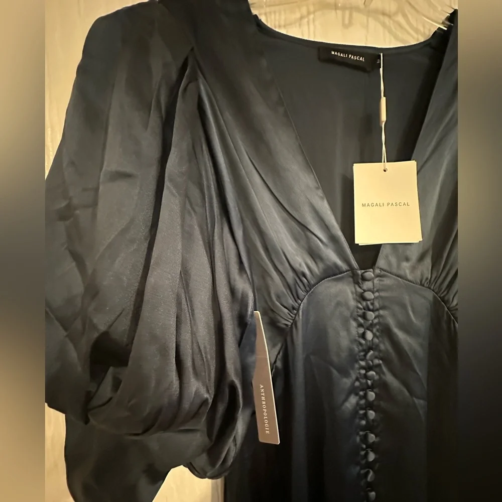 NWT MAGALI PASCAL Navy Baron long dress Puff-Sleeved Midi Dress silk Size M - Picture 6 of 11